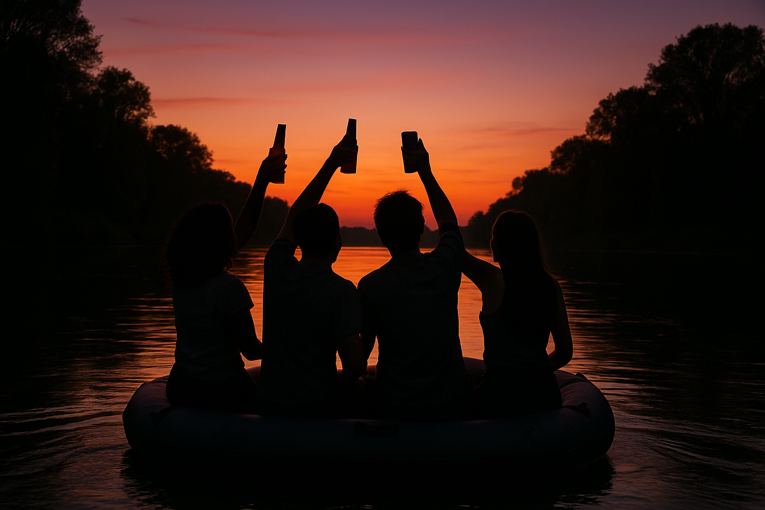 gemischte Freundesgruppe auf einem Gummiboot auf dem Fluss die Spass haben und anstossen. Der Blickwinkel ist von hinten man sieht also keine Gesichter. Abenddämmerung